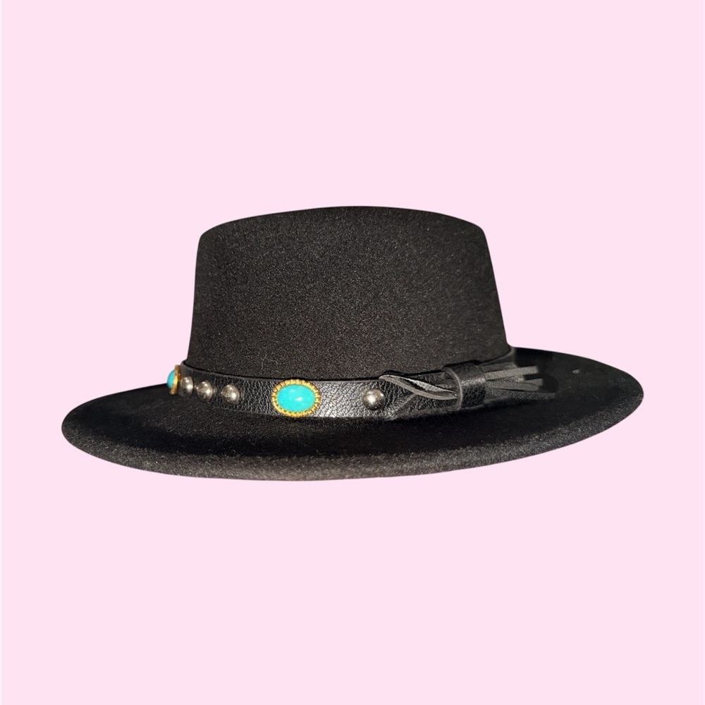Black Wide-Brim Fedora Hat with Turquoise Accent